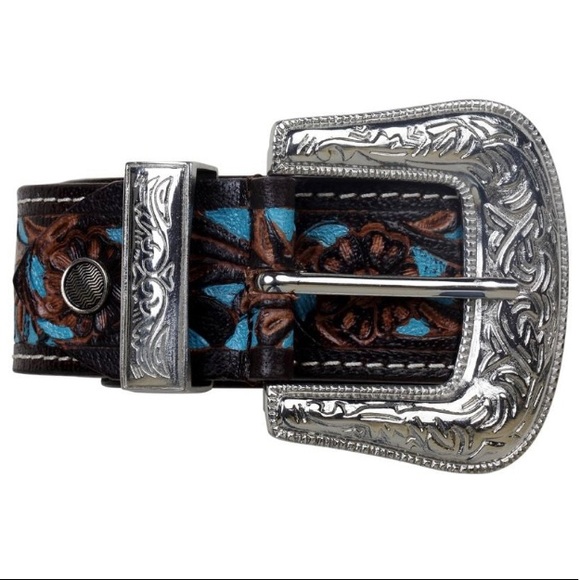Myra Bags Women's Turquoise Hand Tooled Leather Belt - Picture 1 of 3